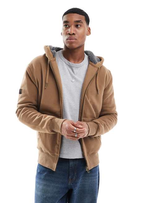 Superdry Borg lined zip hoodie in caramel brown