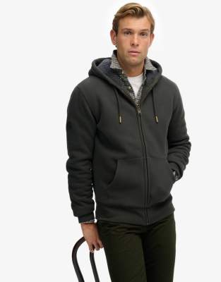 Superdry Borg lined zip hoodie in washed black-Grey