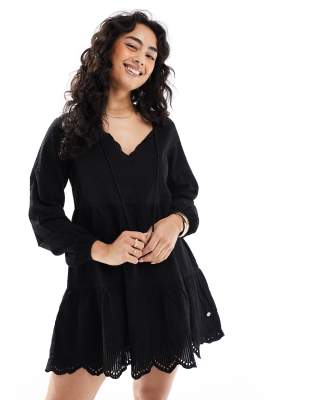 Superdry Broderie tiered mini dress in black