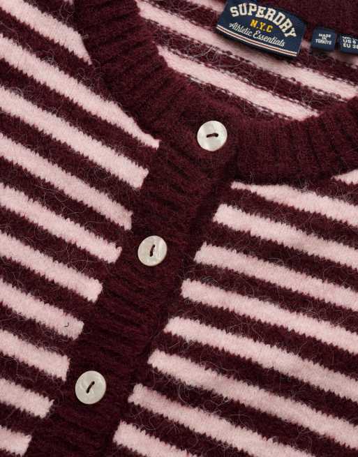Superdry Brushed knit striped cardigan in port red/pale pink stripe, 5 of 6