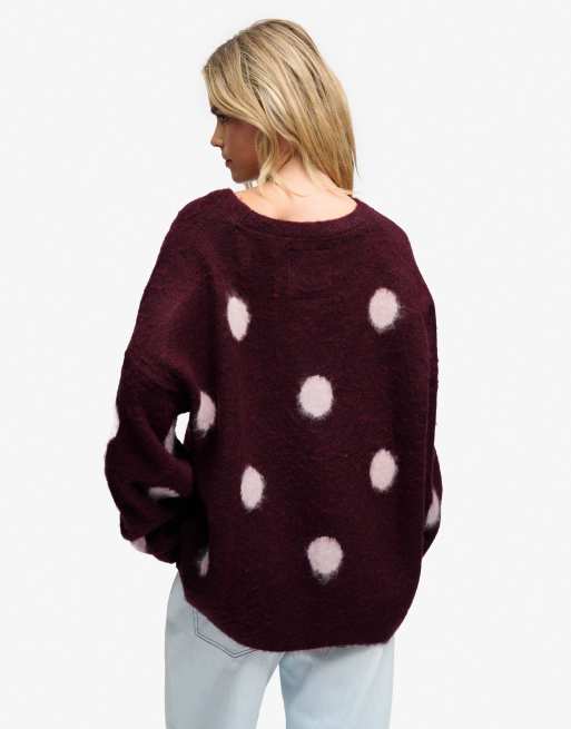 Superdry Brushed polka dot jumper in port red/pale pink, 2 of 6