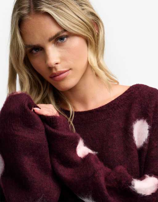 Superdry Brushed polka dot jumper in port red/pale pink, 3 of 6