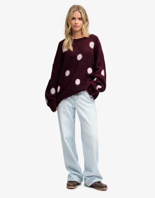 Superdry Brushed polka dot jumper in port red/pale pink, 4 of 6