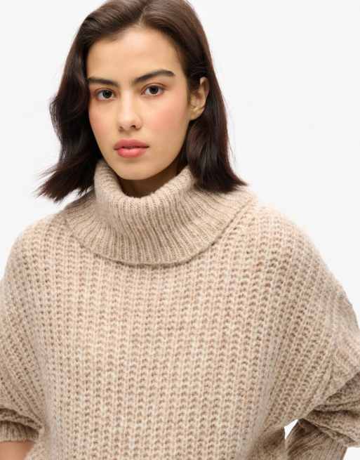 Superdry Brushed rib slouch neck jumper in light sand twist