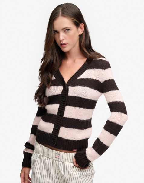 Superdry Brushed v-neck lightweight cardigan in dark brown/pale pink stripe - view 1