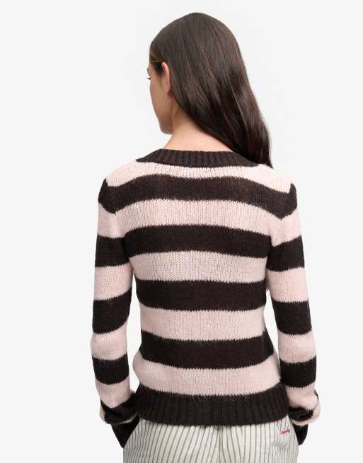 Superdry Brushed v-neck lightweight cardigan in dark brown/pale pink stripe, 2 of 6