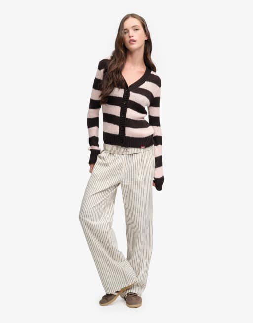 Superdry Brushed v-neck lightweight cardigan in dark brown/pale pink stripe, 3 of 6