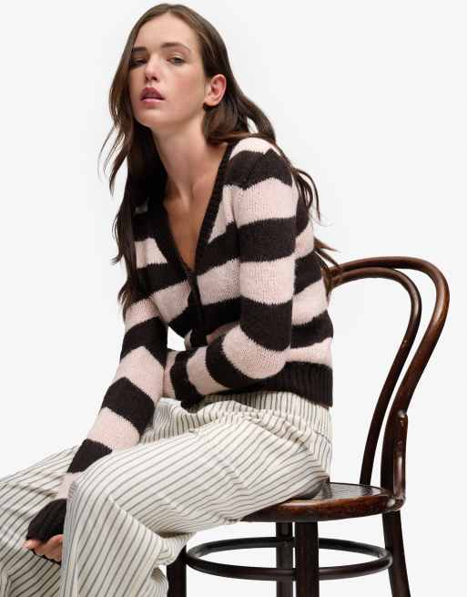Superdry Brushed v-neck lightweight cardigan in dark brown/pale pink stripe, 4 of 6