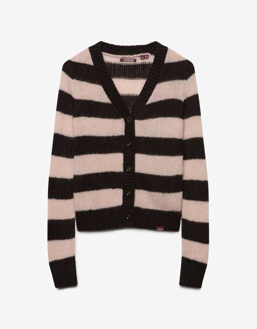Superdry Brushed v-neck lightweight cardigan in dark brown/pale pink stripe, 6 of 6