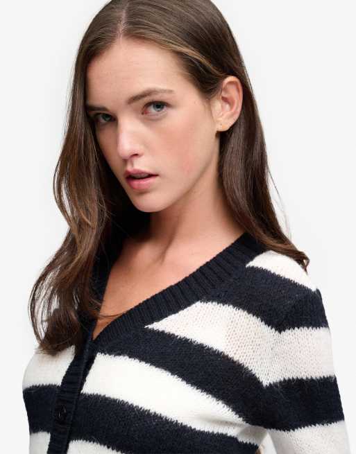 Superdry Brushed v-neck lightweight cardigan in eclipse navy/off white stripe, 3 of 6