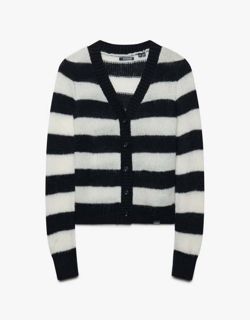 Superdry Brushed v-neck lightweight cardigan in eclipse navy/off white stripe, 6 of 6