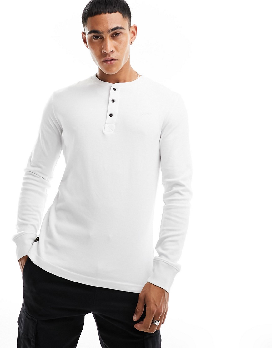 Superdry button down long sleeve henley top in Optic-White