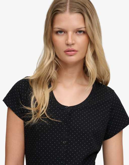 Superdry Button through short sleeve mini dress in black dot, 3 of 7