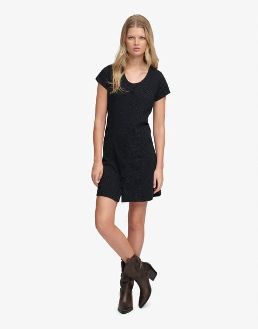 Superdry Button through short sleeve mini dress in black dot, 4 of 7