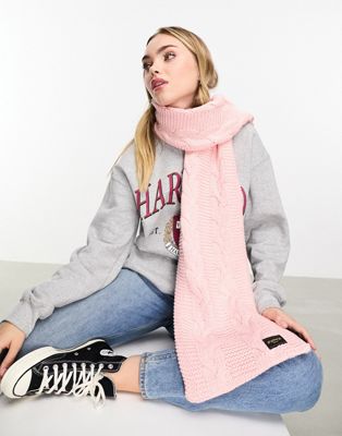 Superdry cable knit scarf in Pink Fleck