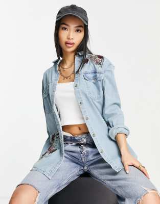 Superdry - Camicia di jeans oversize con ricamo, colore blu