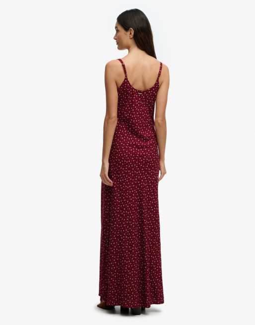 Superdry – Camisole-Maxikleid in Bordeauxrot mit Blümchenmuster, 2 von 7