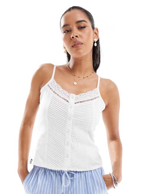 Superdry – Camisole-Top in Wollweiß mit Knopfleiste und Spitzenrand