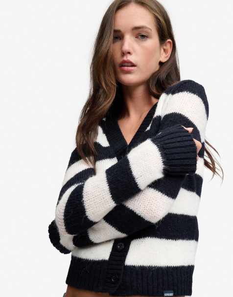 Superdry Cardigan léger brossé col V à rayures bleu marine eclipse/blanc cassé - view 1