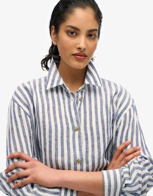Superdry – Casual – Boyfriend-Hemd aus Leinen mit breiten blauen Streifen