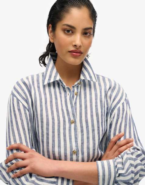 Superdry Casual linen boyfriend shirt in blue wide stripe - view 1