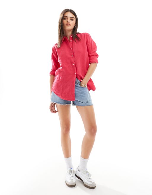 Superdry Casual linen boyfriend shirt in electric pink, 3 of 4
