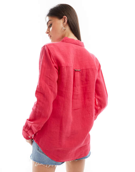 Superdry Casual linen boyfriend shirt in electric pink, 4 of 4