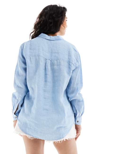 Superdry Casual linen boyfriend shirt in sea blue chambray, 4 of 4