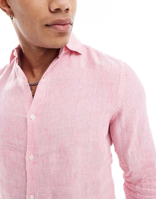 Superdry Casual linen long sleeve shirt in new house pink stripe, 2 of 4