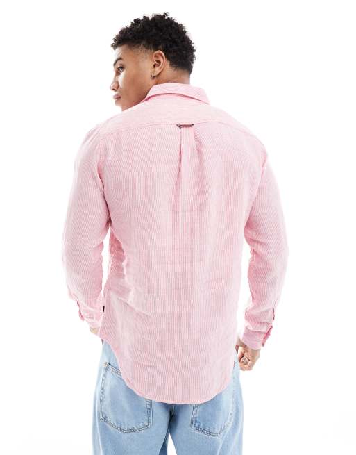 Superdry Casual linen long sleeve shirt in new house pink stripe, 4 of 4