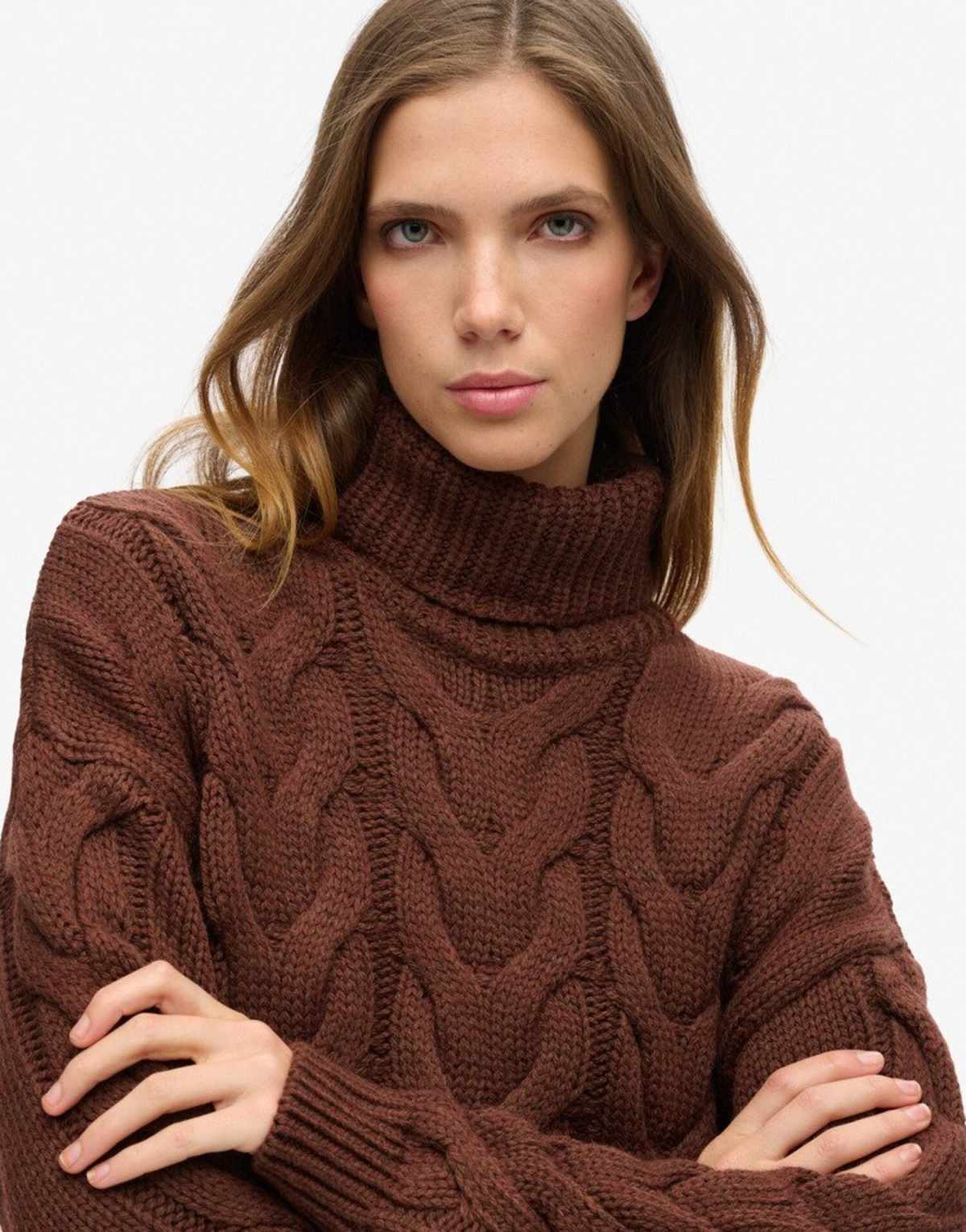 Superdry Chain cable knit polo jumper in brown chicory coffee twist