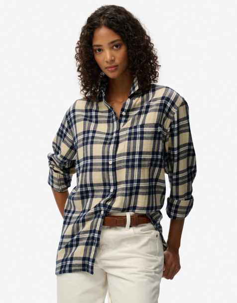 Superdry Check flannel boyfriend shirt in cream/navy check - view 1