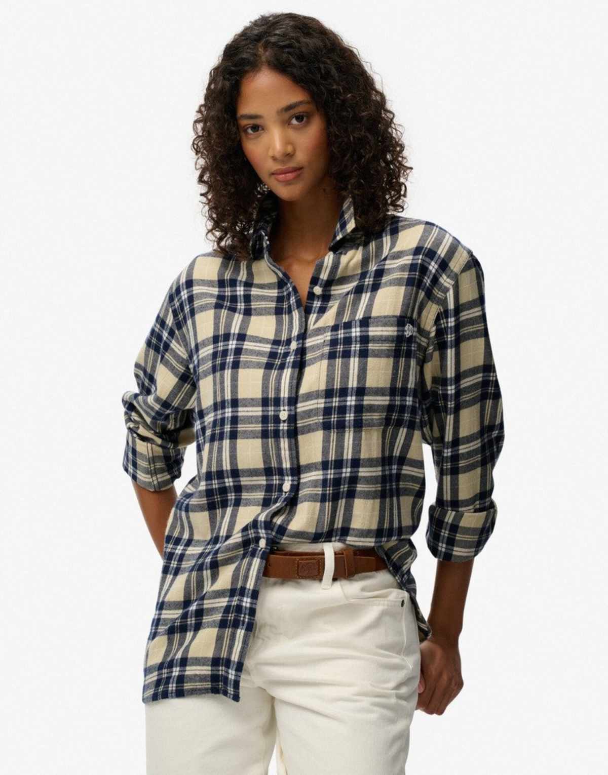 Superdry Check flannel boyfriend shirt in cream/navy check