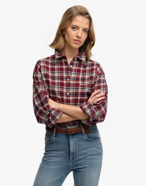 Superdry Check flannel relaxed shirt in bordeaux red check - view 1