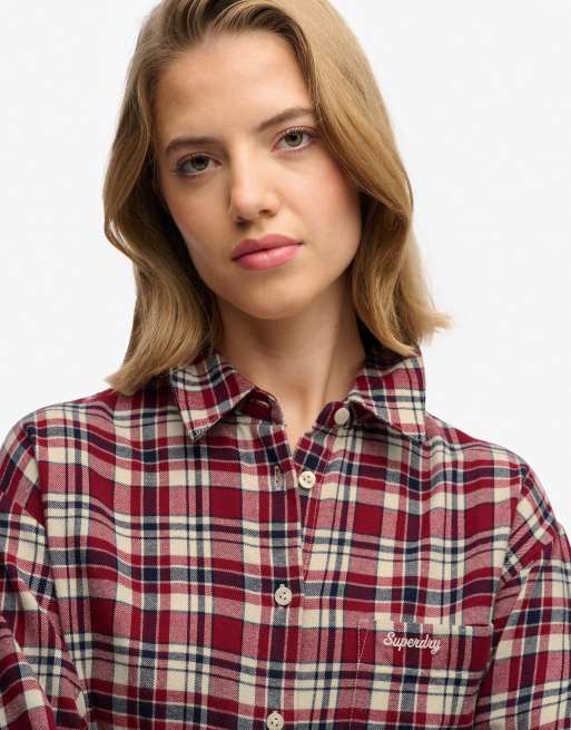 Superdry Check flannel relaxed shirt in bordeaux red check, 3 of 6