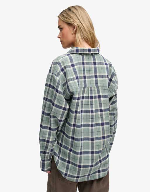 Superdry Check flannel relaxed shirt in light jade green check, 2 of 4