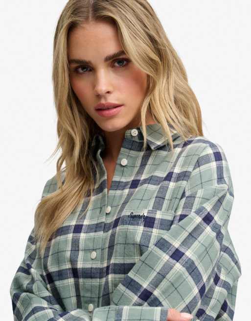 Superdry Check flannel relaxed shirt in light jade green check, 3 of 4