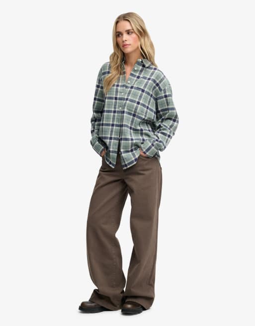 Superdry Check flannel relaxed shirt in light jade green check, 4 of 4