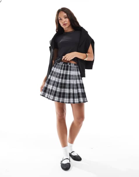 Superdry check pleated mini skirt in Black and White Check