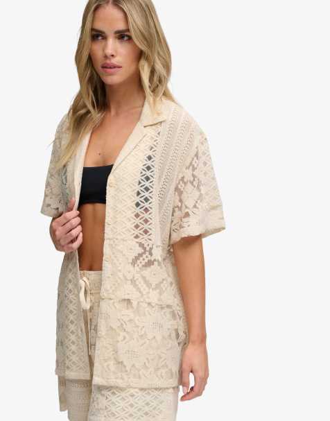Superdry - Chemise de plage en dentelle patchwork - Écru poudré - view 1
