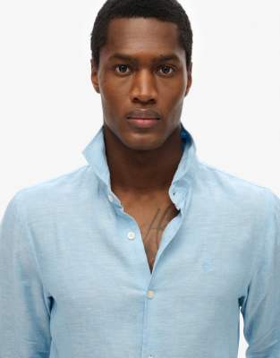 Superdry - Chemise décontractée en lin avec détail brodé - Bleu océan chambray