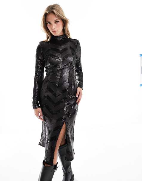Superdry Chevron open back midi dress in black deco sequin