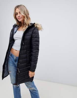 superdry chevron padded parka with faux fur hood