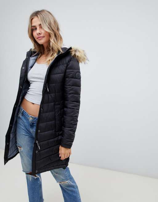 Superdry chevron padded parka with faux store fur hood