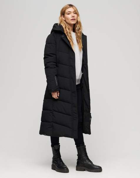 Superdry – City – Langer Steppmantel in Schwarz mit Chevron-Steppung - view 1