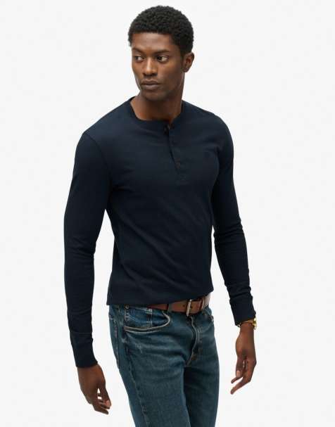 Superdry – Classic – Basic-Oberteil in Eclipse Navy mit Grandad-Kragen - view 1