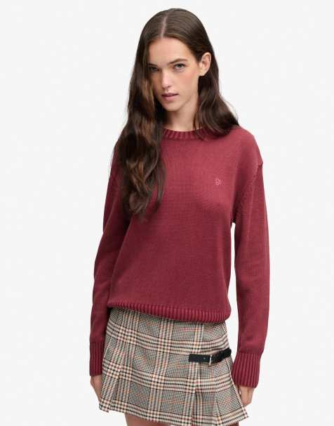 Superdry Classic knitted washed crew neck jumper in port red - view 1