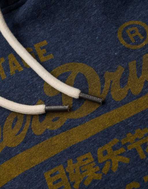 Superdry – Classic – Vintage-Kapuzenpullover in meliertem Vintage-Marineblau mit Vintage-Logo-Grafik