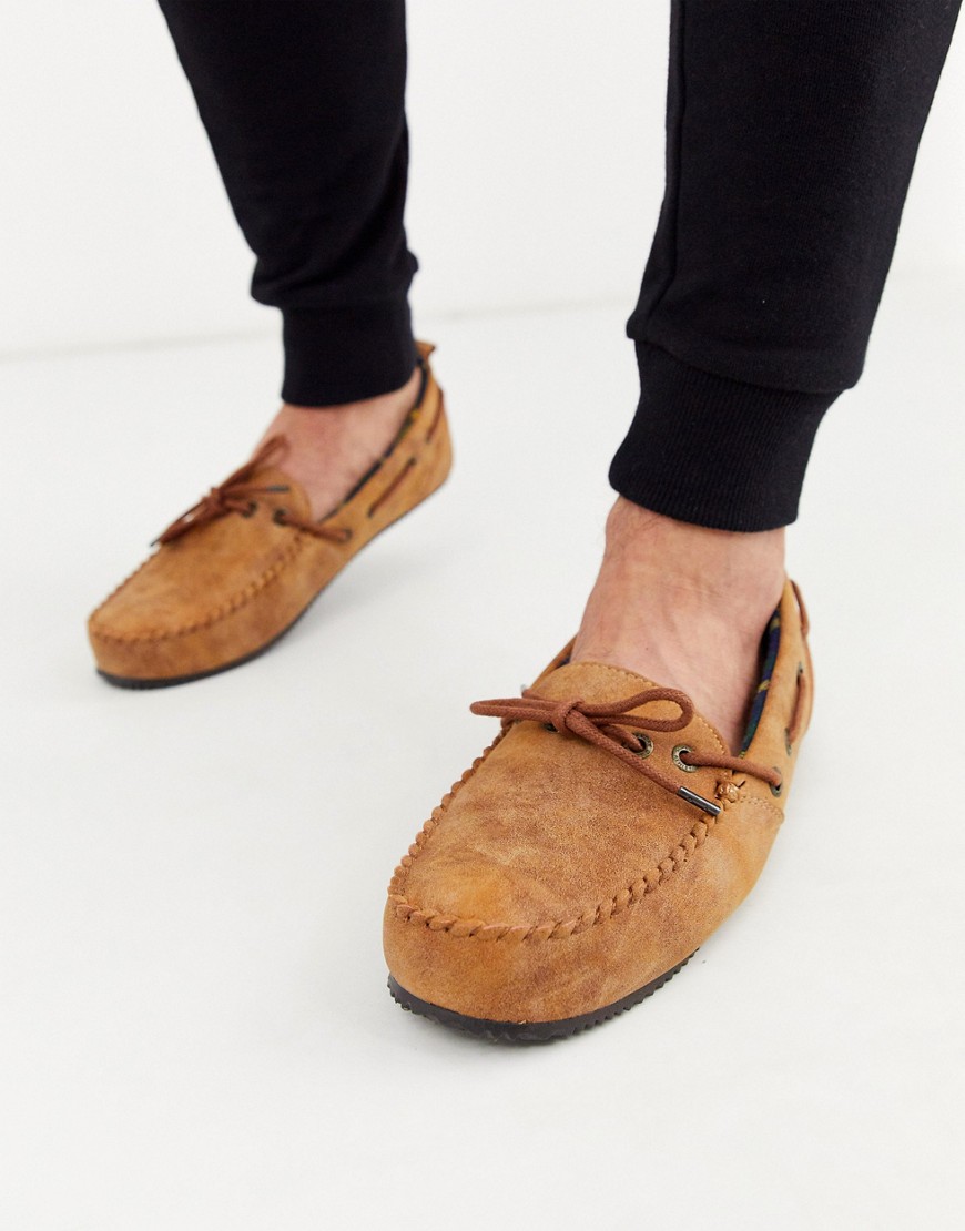Superdry Clinton Moccasin slippers with faux fur lining in tan
