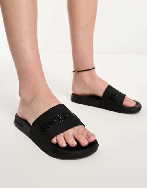 Superdry - Code - Veganvriendelijke zwembadslippers met logo in zwart